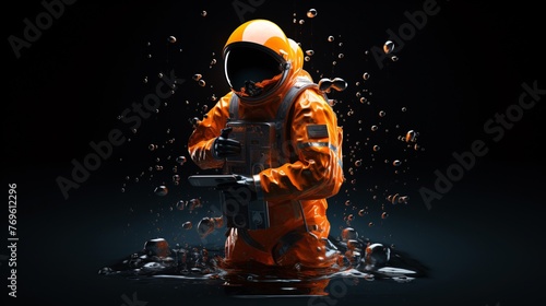 a person in an orange suit with a black helmet and a black background