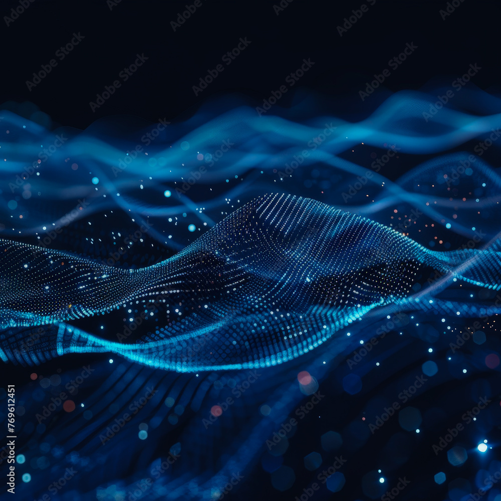 The image is a blue wave with a lot of dots