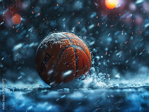 Basketball soaring, cold blizzard background, blue glow, action shot style © Kanin