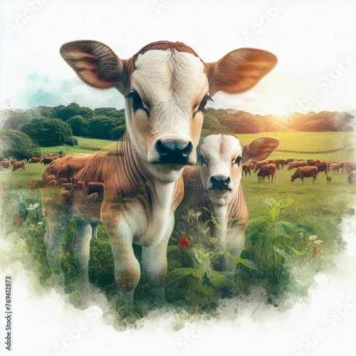 cute image of calf in the pastures and agriculture scenery
 photo