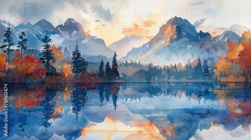 Watercolor Reflection of Mountain Range in Twilight Scenery   Wallpaper   Digital art