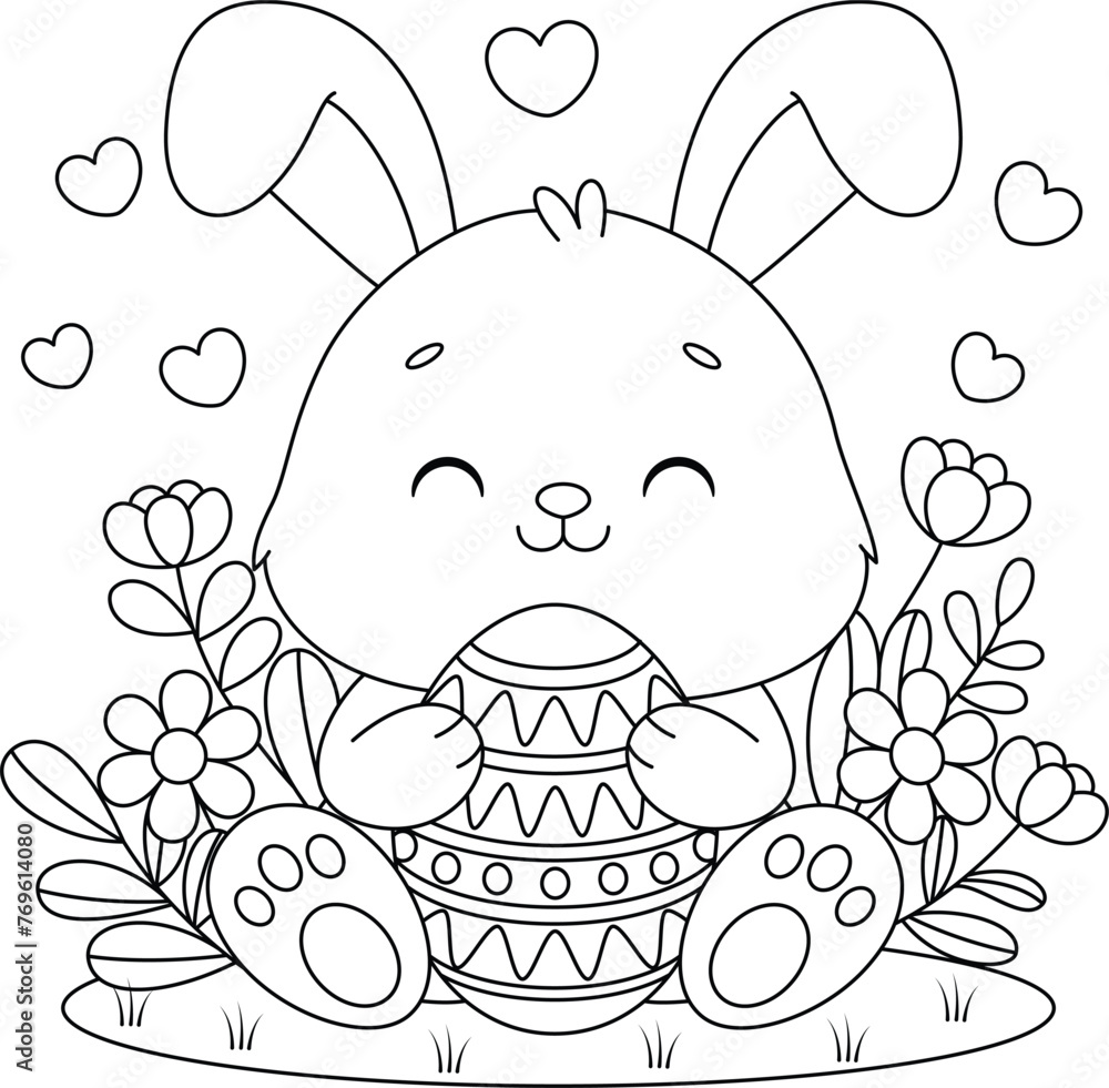 Cute kawaii bunny is hugging a decorated Easter egg cartoon character on flower background coloring page vector illustration for kids