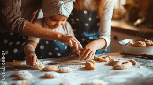 Family, mother and child cooking homemade style food at kitchen