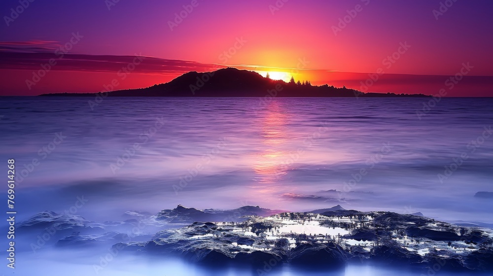 stunning sunset over the tranquil beach, with vibrant colors reflecting on the calm waters