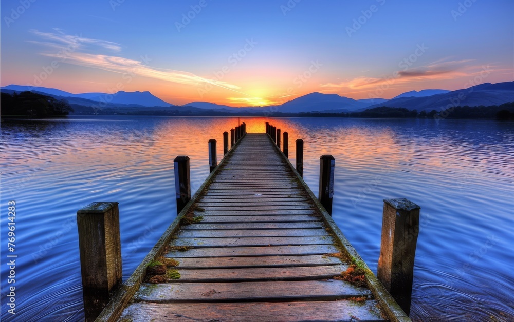 wooden jetty extending into the serene waters of the Lake District, with distant mountains