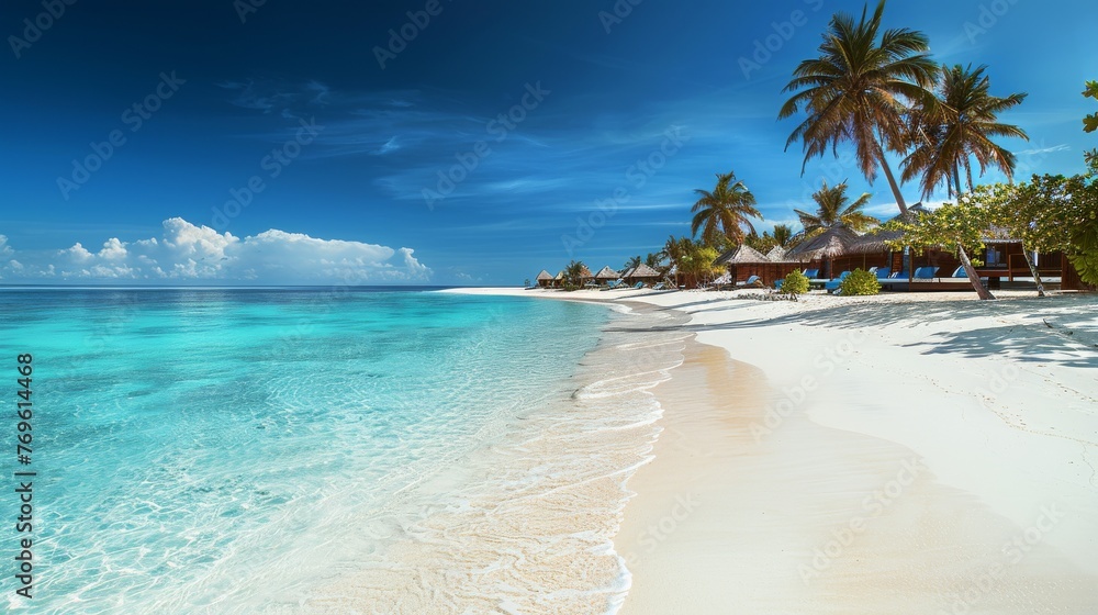 beach in the Maldives, with white sand and clear blue waters