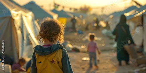 Refugee children play while homeless refugees observe in a refugee camp amid an economic crisis. Concept Refugee Crisis, Humanitarian Aid, Refugee Camp Life, Economic Hardship, Refugee Children