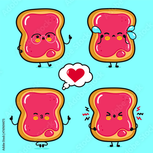 Funny cute happy Toast piece of bread with jam characters bundle set. Vector hand drawn doodle style cartoon character illustration. Isolated blue background. Toast piece of bread with jam character