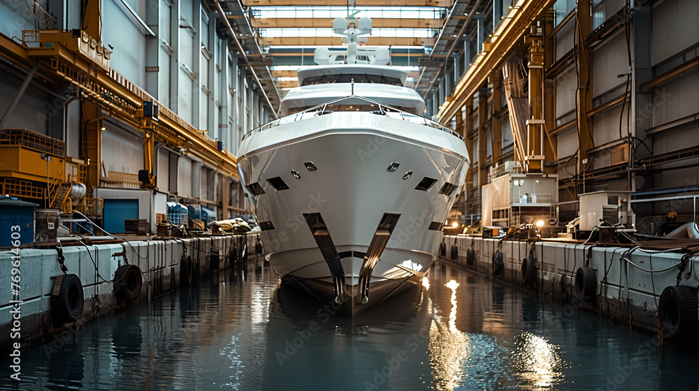 Manufacturing process of yachts and ships, ship under construction at