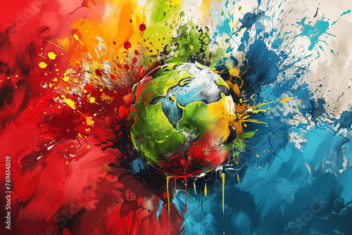 Fototapeta Naklejka Na Ścianę i Meble -  Colorful paint splashes around artistic representation of Earth planet