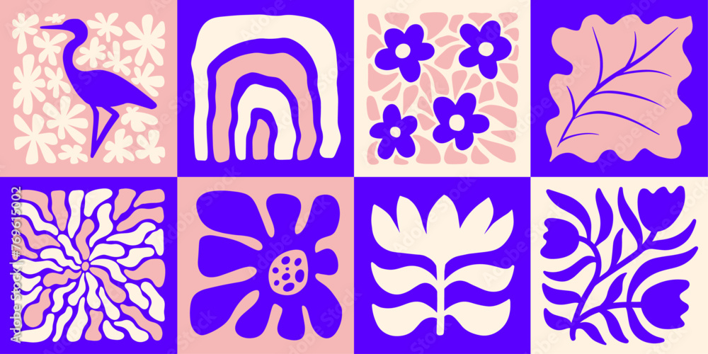 Retro groovy abstract flower. Organic doodle shapes. Square wavy vector illustration.