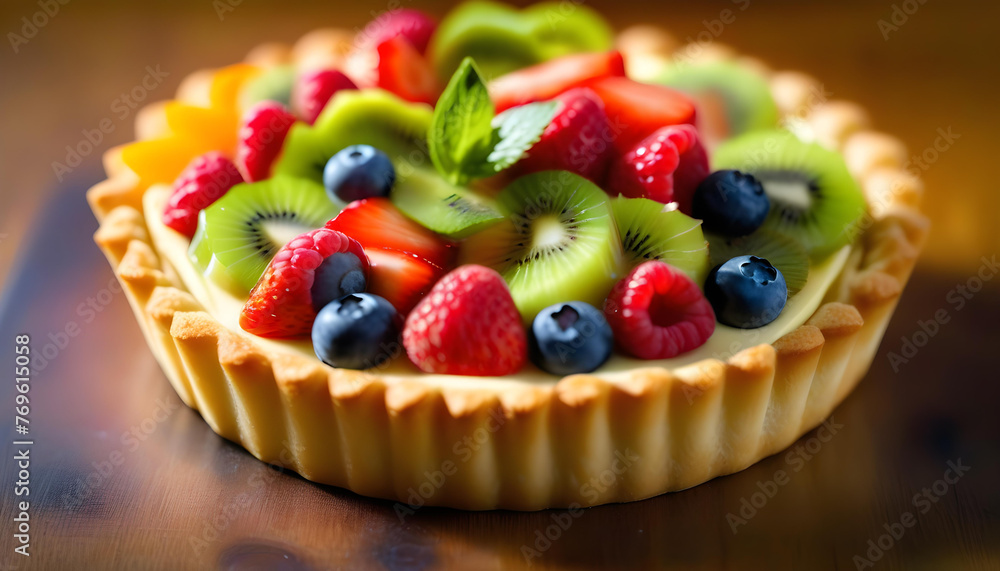 A close-up of a fruit tartlet with vibrant colors topped with colorful fruits in the wooden table A close-up of a fruit tartlet with vibrant colors topped with colorful fruits in the wooden table