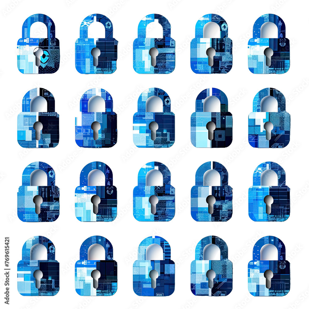 Set of blue digital padlock icons, cut out. Protect and security concept Set of blue digital padlock icons, cut out. Protect and security concept