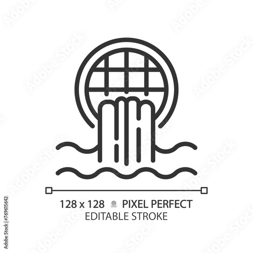 Storm drain linear icon. Wastewater runoff. Water management. Flood prevention. Urban infrastructure. Thin line illustration. Contour symbol. Vector outline drawing. Editable stroke. Pixel perfect