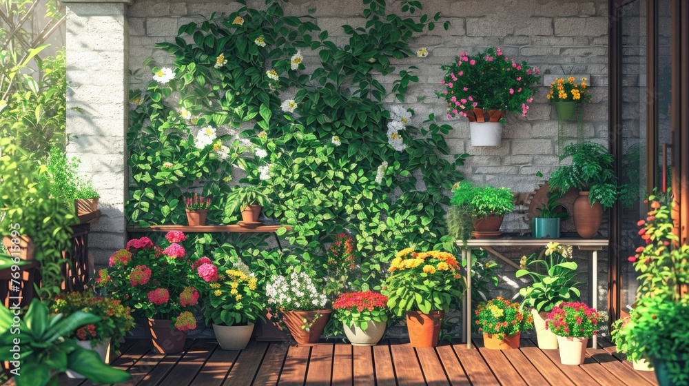 Obraz premium Balcony garden with various potted flowers and plants digital art, urban oasis of greenery and blooms