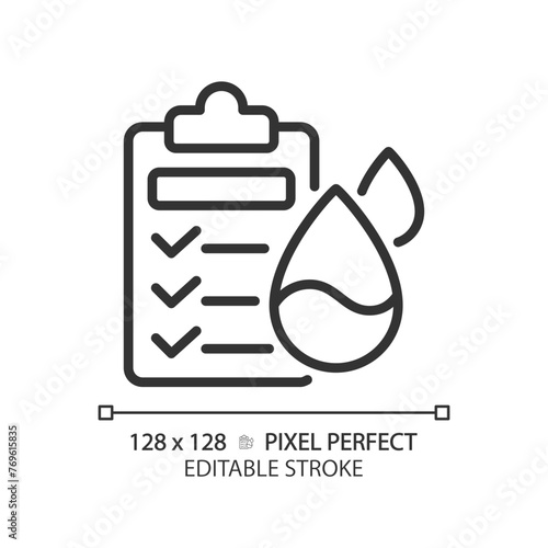 Water quality testing linear icon. Drinking water health standards. Testing protocol. Laboratory test. Thin line illustration. Contour symbol. Vector outline drawing. Editable stroke. Pixel perfect