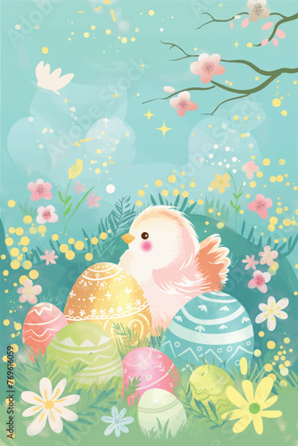 Pastel easter vector illustration  cute easter chick and easter eggs  colorful vector  easter greeting card design