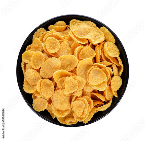 Corn flakes in bowl isolated on white. Top view transparent png