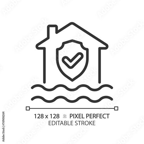 Flood protection linear icon. House with checkmark above water. Water damage prevention. Thin line illustration. Contour symbol. Vector outline drawing. Editable stroke. Pixel perfect