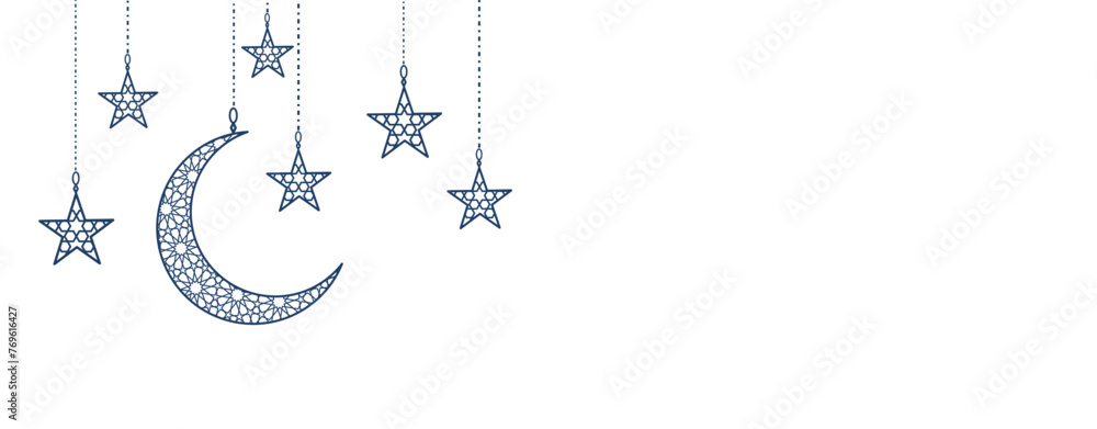 Line art decoration in arabic style. Icons of hanging crescent and stars. Traditional islamic symbols, garland. Great for muslim holidays, Ramadan or Al-Adha. Line art decoration in arabic style. Icons of hanging crescent and stars. Traditional islamic symbols, garland. Great for muslim holidays, Ramadan or Al-Adha.