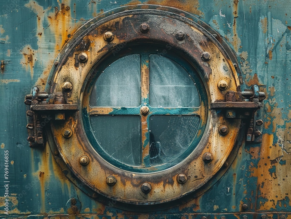 a circular window made by cooper , boat, ship, vintage style, submarine, vessel