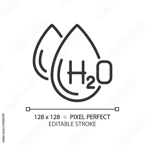 H2O linear icon. Chemical formula of water. Scientific symbol. Water composition. Molecular structure. Thin line illustration. Contour symbol. Vector outline drawing. Editable stroke. Pixel perfect