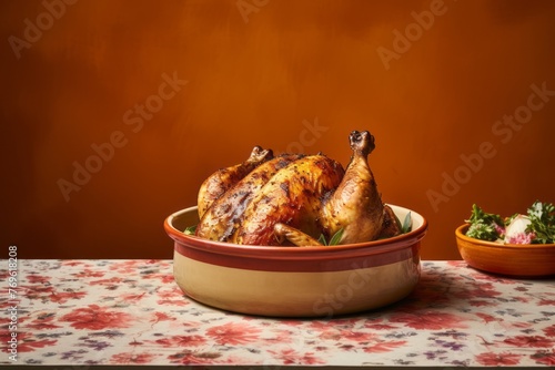 Juicy roast chicken in a clay dish against a vintage wallpaper background photo