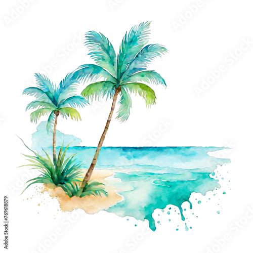Tropical beach with palm trees and clean water ocean  watercolor illustration  nature  travel location  for scrapbook  journal  planner  trip clipart  holidays  for travel ad promos  landscape scene