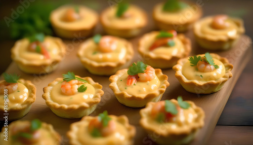 A platter of shrimp tartlets with a creamy sauce, garnished with herbs and spices, on a wooden board.
