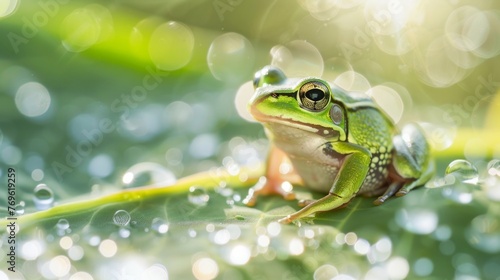 A green frog calmly sitting on top of a green leaf in its natural habitat