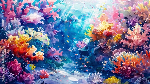 Capture the beauty of a vibrant underwater realm, portraying a colorful array of coral reefs in a mesmerizing watercolor style. © growth.ai