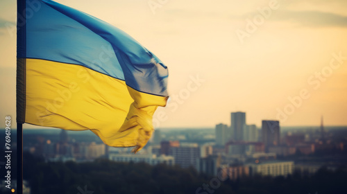 The Ukrainian flag waves proudly above the city on Ukrainian Independence Day photo