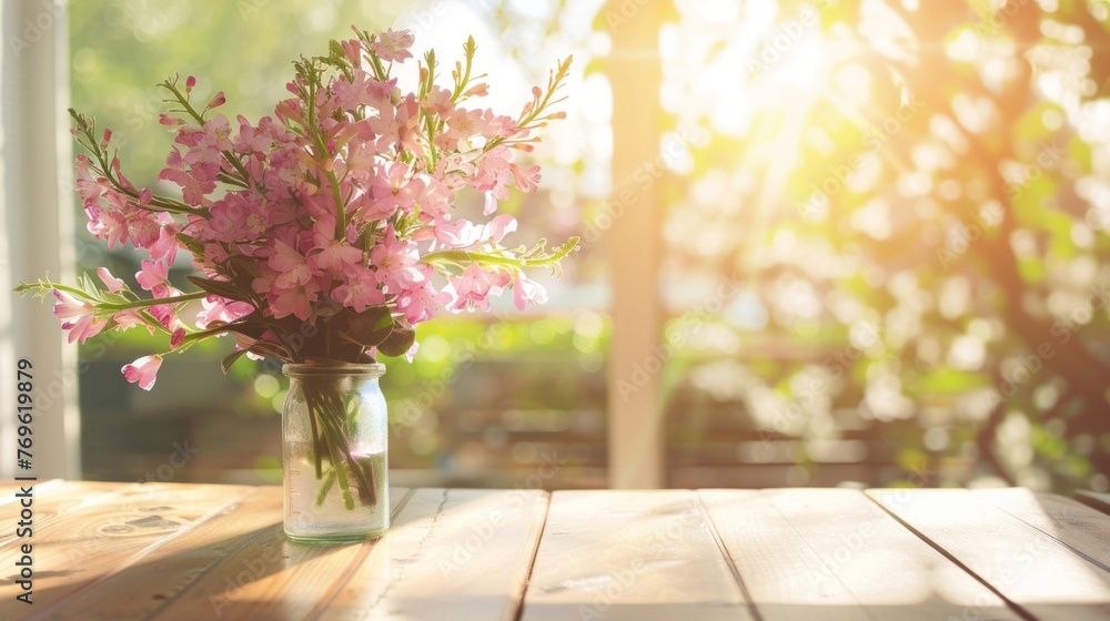 A vase filled with pink flowers placed on a wooden table in a warm, sunny kitchen setting A vase filled with pink flowers placed on a wooden table in a warm, sunny kitchen setting