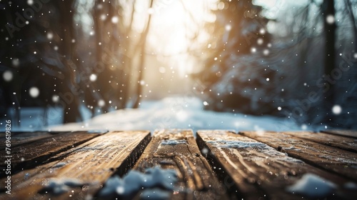 Snow is falling onto an empty dark wooden table, creating a winter scene