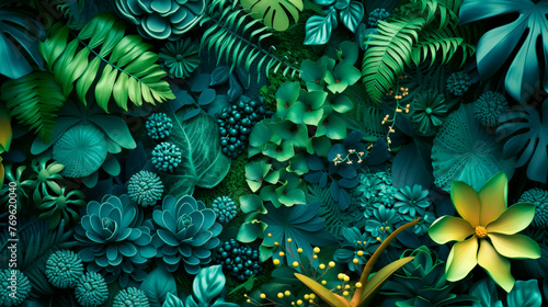 Beautiful tropical bright floral background with green leaves, succulents and yellow flowers Poster design Botanical