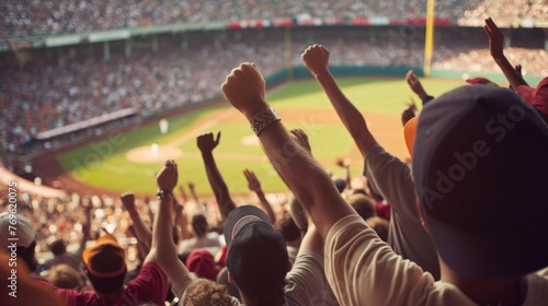 Obraz na płótnie Fans cheering in a baseball stadium, focus on the crowd w salonie