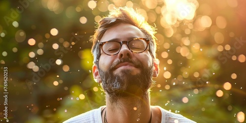 A man wearing glasses stands outdoors, looking up at the sky with a contemplative expression on his face