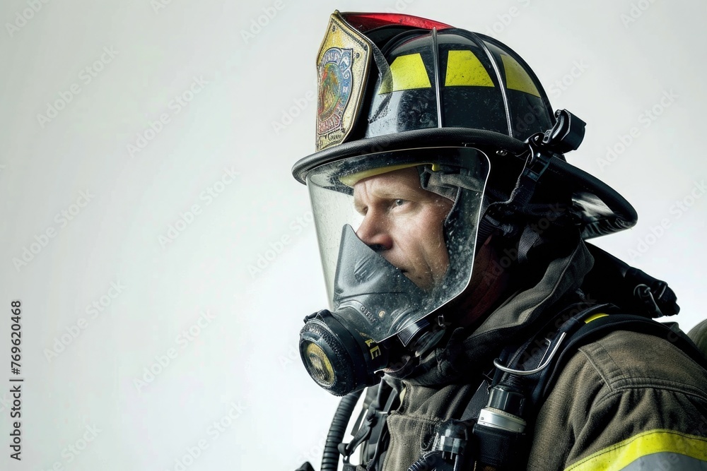 Fototapeta premium Firefighter in Gear portrait on white background