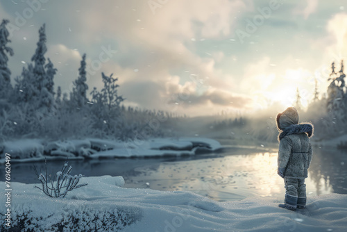 An Eskimo child standing in a snowy Alaskan landscape 