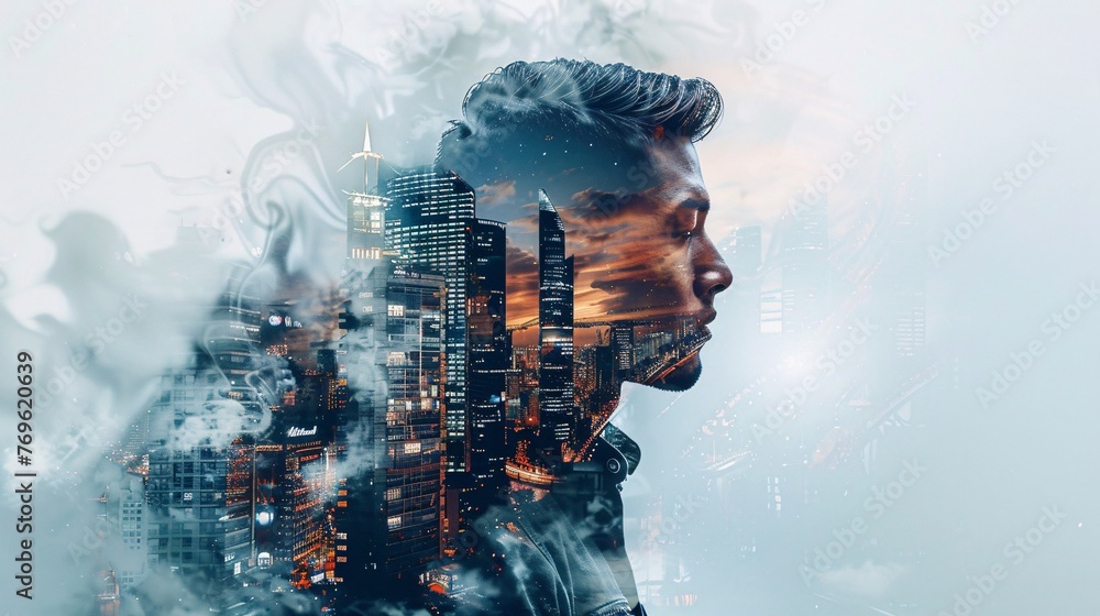 a dynamic double exposure portrait, merging a handsome man with iconic structures, symbolizing architectural excellence