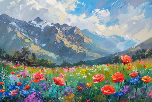 Beautiful spring landscape with colorful poppy flowers in mountains. Horizontal oil painting, impasto 