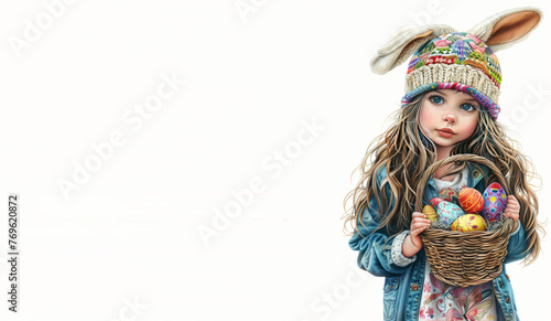 Easter illustration with a girl in a hat with hare ears with a basket and eggs generated AI
