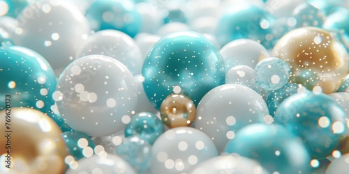 A bunch of blue and white balloons soaring high up in the sky, creating a festive and cheerful atmosphere