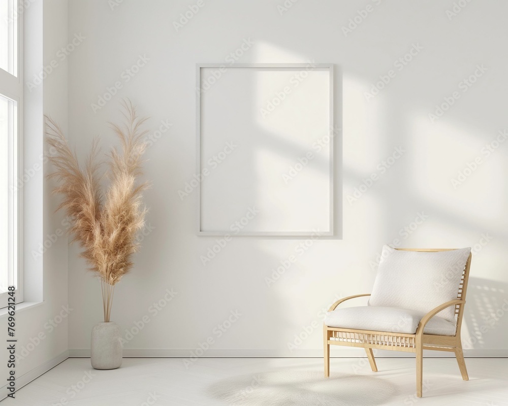 Serene Living Room with Blank Frame, Soft Shadows, Modern Minimalist Decor Serene Living Room with Blank Frame, Soft Shadows, Modern Minimalist Decor