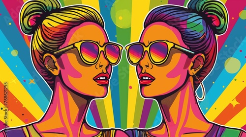 Retro Pop Art Duo with Sunglasses, Colorful Funky Illustration, Mirror Image Style