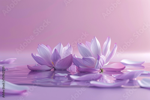 beautiful purple flowers or lilies with spilled water on a bright empty purple background with space for text or inscriptions  close up 