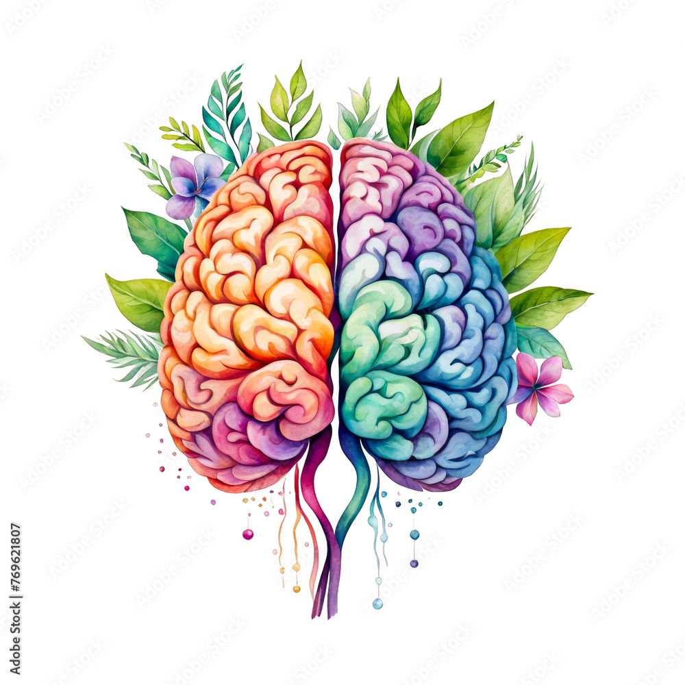 Abstract Human brain with flowers, leaves, botanical illustration ...