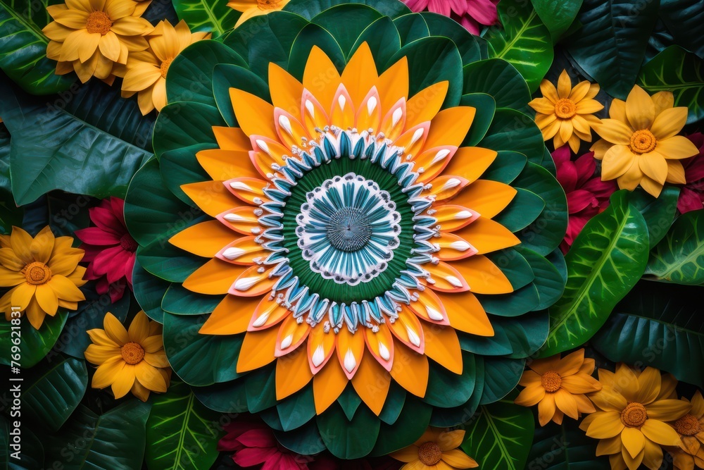 Happy Ugadi Greeting card arranged with flower decoration, Close-up of vibrant Ugadi celebration and puja elements Happy Ugadi Greeting card arranged with flower decoration, Close-up of vibrant Ugadi celebration and puja elements