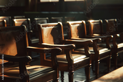 Empty chairs in the courtroom in beautiful lighting, close up 