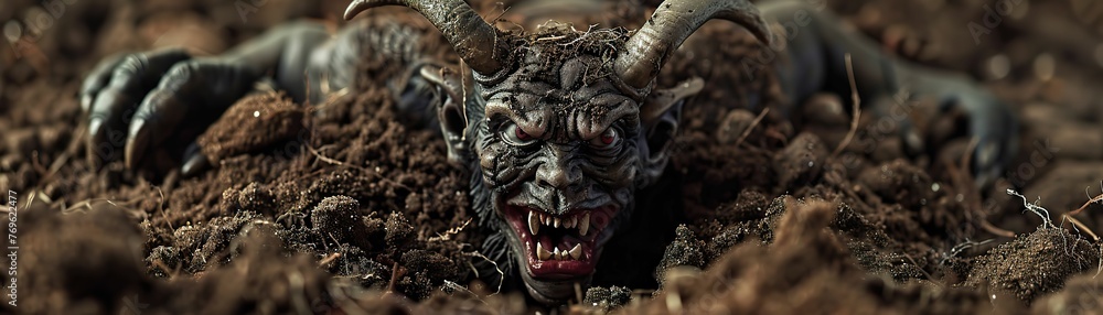 A sinister-looking devil emerging from the soil